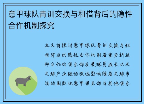 意甲球队青训交换与租借背后的隐性合作机制探究
