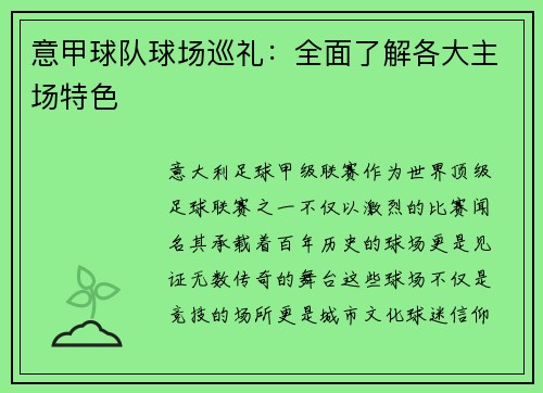 意甲球队球场巡礼：全面了解各大主场特色