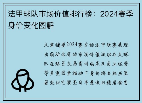 法甲球队市场价值排行榜：2024赛季身价变化图解