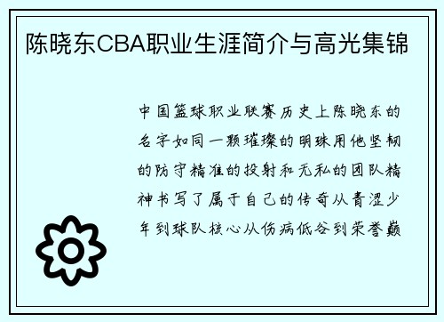 陈晓东CBA职业生涯简介与高光集锦